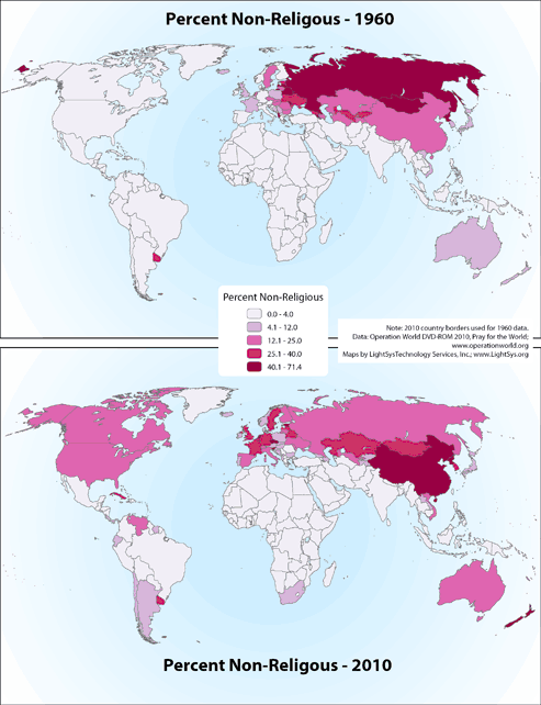 Percent Non-Religious 1960 and 2010
