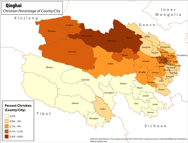 Qinghai - Christian Percentage of County/City